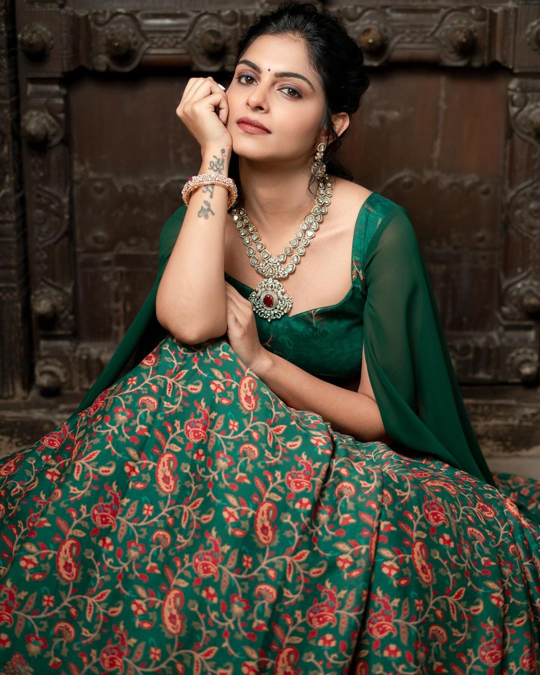 Tollywood Actress Mounika Reddy Stills in Green Lehenga Choli